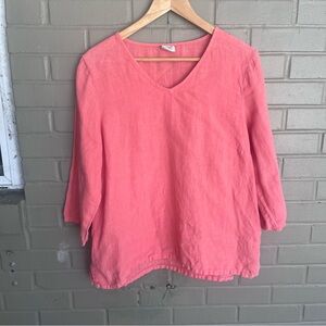 Et'Lois 100% Linen Coral V-Neck 3/4 Long Sleeve Shirt Lagenlook S Minimalist